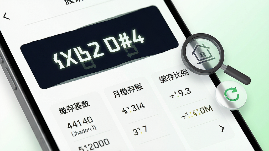 手机公积金核算账户查询功能展示,手机屏幕特写显示账户余额数字突出,下方排列缴存基数、月缴存额、缴存比例等信息条目,右侧漂浮着放大镜和刷新图标,背景为白色到淡绿色的柔和过渡,风格清爽商务,细节精致,画质高清,干净无多余元素