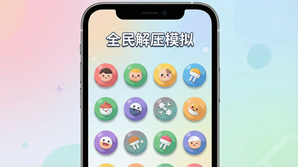 一张手机屏幕正面展示图,主体为全民解压模拟软件的主界面,布局上屏幕中央排列着多个彩色圆形解压玩法图标,上方有软件名称“全民解压模拟”字样,排版整齐居中,风格为清新明亮的扁平化卡通设计,细节包括柔和的渐变背景、圆角图标、轻微阴影,画质清晰干净,无多余元素