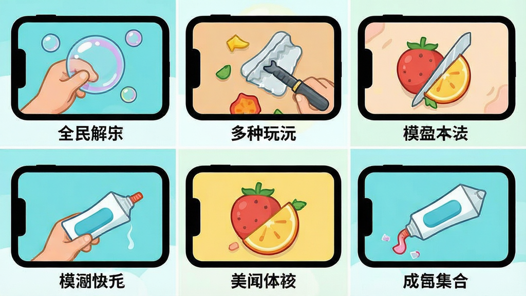 一张展示全民解压模拟多种玩法集合的示意图,主体为多个手机屏幕并排展示不同解压场景,布局为两行三列的网格排列,排版上每个屏幕下方标注玩法名称,风格为统一清新的卡通扁平风,细节包括捏泡泡、刮涂层、切水果、挤牙膏等具体画面,画质清晰明亮,干净无杂乱元素
