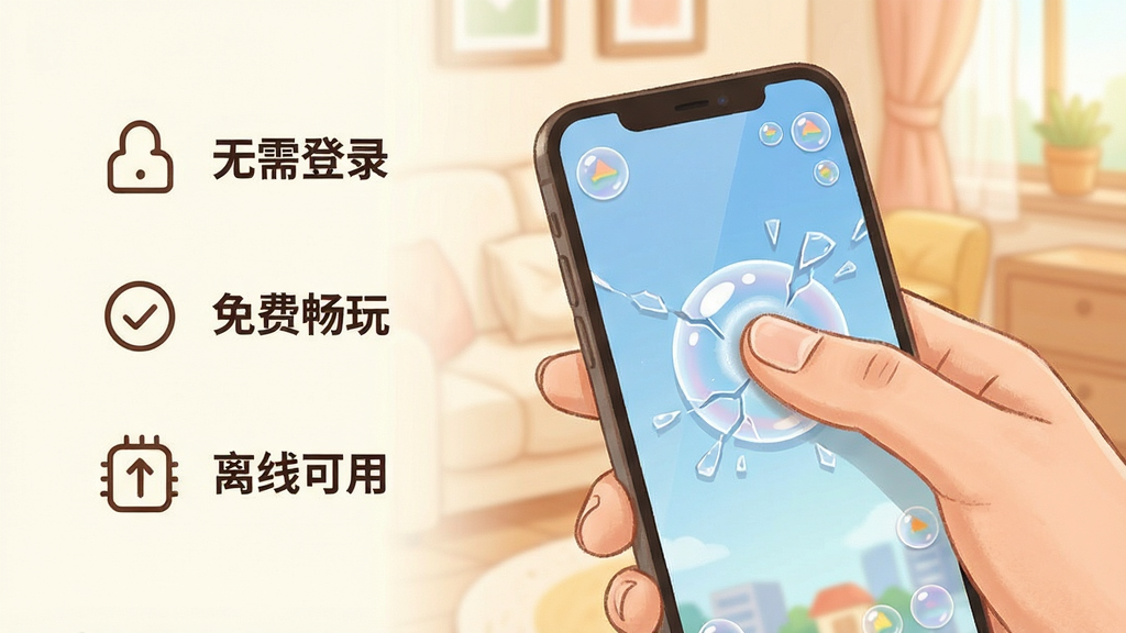 一张全民解压模拟使用场景示意图,主体为一只手拿着手机正在操作捏泡泡玩法,布局上手机屏幕占据画面中心偏右位置,左侧留白处用简洁图标展示无需登录、免费畅玩、离线可用三个特点,排版清晰有序,风格为温暖柔和的生活化插画风,细节包括手指按压泡泡的瞬间、屏幕上的破裂效果、柔和的室内背景,画质细腻干净,无多余装饰元素