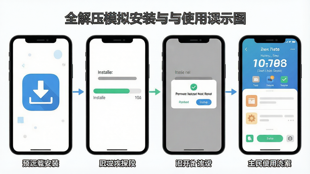一张全民解压模拟安装与使用流程示意图,主体为手机屏幕展示从下载安装到打开使用的四个步骤,布局为横向四格流程图排列,排版上每格下方配有简短文字说明,风格为简洁明快的扁平信息图风格,细节包括下载图标、安装进度条、权限弹窗、主界面展示,画质干净清晰,无多余装饰