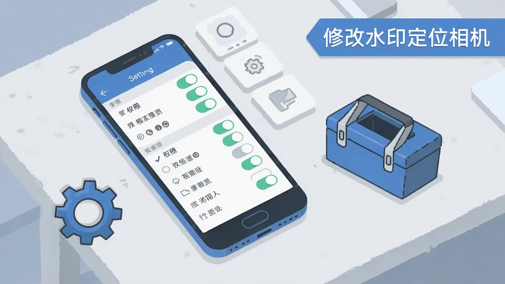 一部手机斜放在桌面上,屏幕显示设置界面与权限开关列表,旁边放置一个小工具箱和齿轮图标,画面右上角有“修改水印定位相机”文字标签,整体配色为浅灰与蓝色调,布局为手机居中偏左,风格为扁平化信息插画,细节包括权限开关的高亮状态和简洁的图标线条,画质干净清晰,无多余背景元素