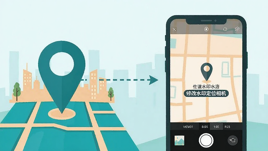一幅横向构图插画,左侧为地图定位图标与城市剪影,右侧为手机拍摄画面中显示定位水印文字,中间用虚线箭头连接表示信息流转,配色采用青绿与浅橙对比,布局左右平衡,风格为简约信息图,细节包括定位针、街道线条和文字标签“修改水印定位相机”,画质清爽干净,无多余背景元素