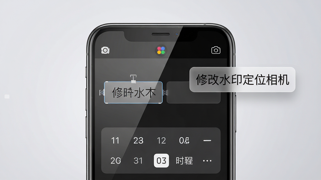 手机屏幕特写,显示水印编辑界面,屏幕上有可拖动的文本框和日期选择器,旁边漂浮着“修改水印定位相机”字样的半透明标签,背景为柔和的浅灰渐变,排版以手机为中心,风格为写实UI展示,细节包括屏幕反光和图标层次,画质高清干净,无杂乱元素