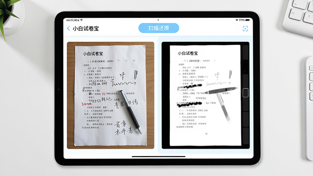 一张展示平板电脑屏幕的图片,屏幕中显示“小白试卷宝”的试卷扫描界面,左侧为一张带有手写笔迹的试卷照片,右侧为去除笔迹后的空白试卷预览,界面顶部有“扫描还原”按钮,整体风格为明亮的白色与浅蓝色搭配,桌面整洁,画质清晰,干净无多余元素