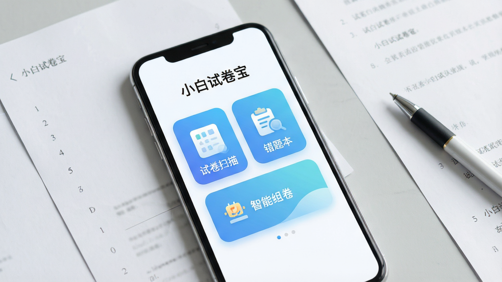 一张展示智能手机屏幕的图片,屏幕中央显示“小白试卷宝”应用界面,界面包含试卷扫描、错题本、智能组卷三个主要功能卡片,卡片采用圆角设计,配色为清爽的蓝白渐变,背景为浅灰色桌面,手机旁边散落着几张空白试卷和一支笔,整体风格简洁现代,画质清晰,干净无多余元素