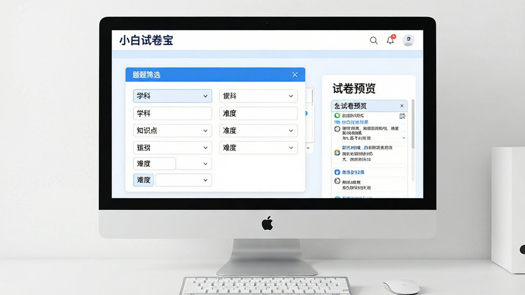 一张展示桌面电脑屏幕的图片,屏幕中显示“小白试卷宝”的智能组卷界面,界面中央为题目筛选面板,包含学科、知识点、难度等选项,右侧为试卷预览区域,整体风格为清爽的蓝白配色,桌面整洁,画质清晰,干净无多余元素