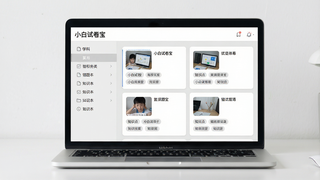 一张展示笔记本电脑屏幕的图片,屏幕中显示“小白试卷宝”的错题本界面,界面左侧为学科分类目录,右侧为错题卡片列表,每张卡片包含题目缩略图与知识点标签,整体风格为简约的灰白色调,桌面干净,画质清晰,无多余装饰元素