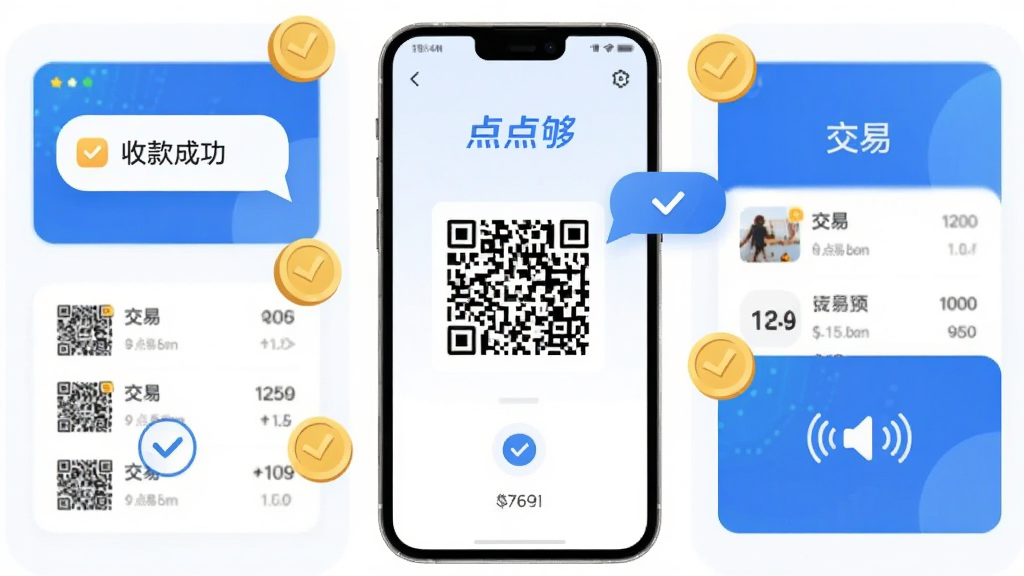 主体为一部智能手机居中放置,屏幕显示简洁的收款码界面,顶部有“点点够”字样,周围环绕金币与对勾图标;布局采用左右对称的卡片式排版;风格为扁平化科技蓝配白色背景;细节包括收款成功提示气泡、交易列表缩略图、语音播报波纹图标;画质清晰干净,无多余元素