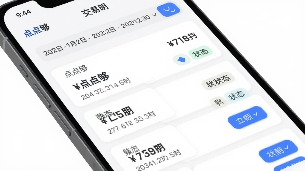 主体为手机屏幕展示“点点够”交易明细列表页面,多条记录以卡片形式排列,顶部有日期筛选栏;布局为纵向列表式排版,手机微微倾斜;风格为简约商务风,白底配蓝色强调色;细节包括金额数字、时间戳、状态标签、筛选按钮;画质清晰干净,无多余元素