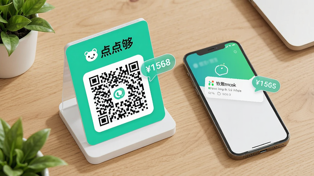 主体为一张立在桌面上的收款码牌,码牌上方印有“点点够”标识,旁边放置一部显示到账通知的手机;布局为桌面俯视视角,码牌与手机形成对角构图;风格为清新写实商业摄影风;细节包括木质桌面纹理、绿植点缀、到账金额气泡;画质高清干净,无多余元素