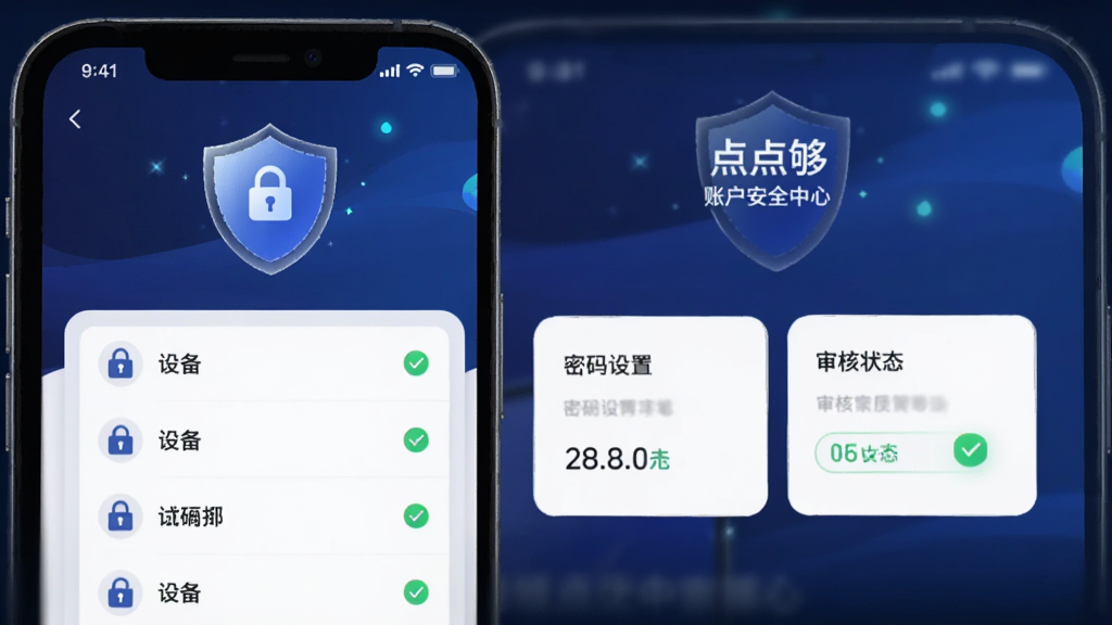 主体为手机屏幕显示“点点够”账户安全中心界面,包含设备列表、密码设置、审核状态卡片;布局为上下分栏式排版,盾牌图标作为视觉焦点;风格为科技安全风,深蓝渐变背景;细节包括锁形图标、设备名称列表、状态对勾标记;画质清晰干净,无多余元素