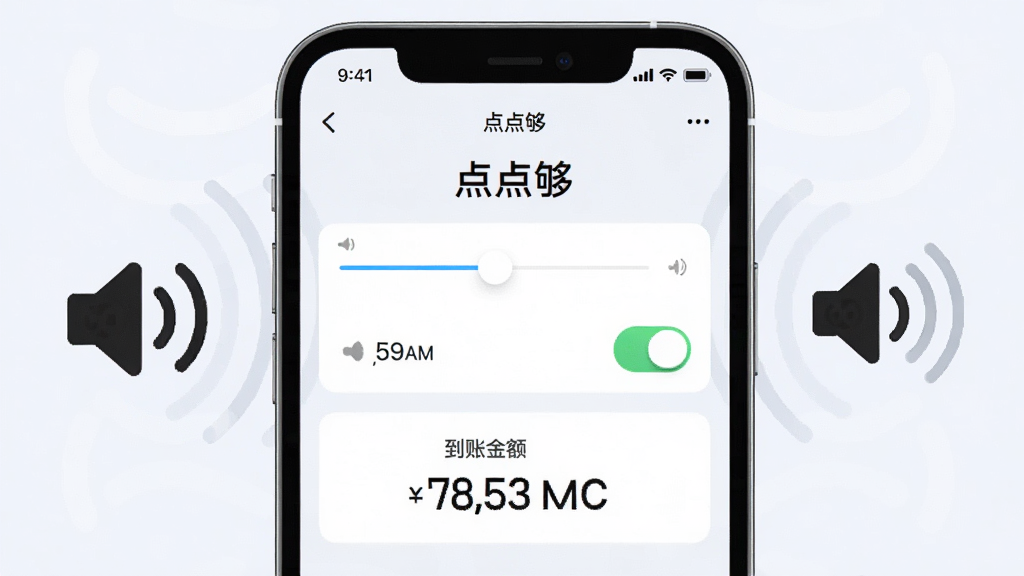 主体为手机屏幕特写,显示“点点够”语音播报设置界面,旁边有扬声器图标与声波扩散图形;布局为居中对称构图,界面元素清晰可辨;风格为现代UI展示风,浅色背景;细节包括音量滑块、播报开关按钮、到账金额数字;画质锐利干净,无多余元素