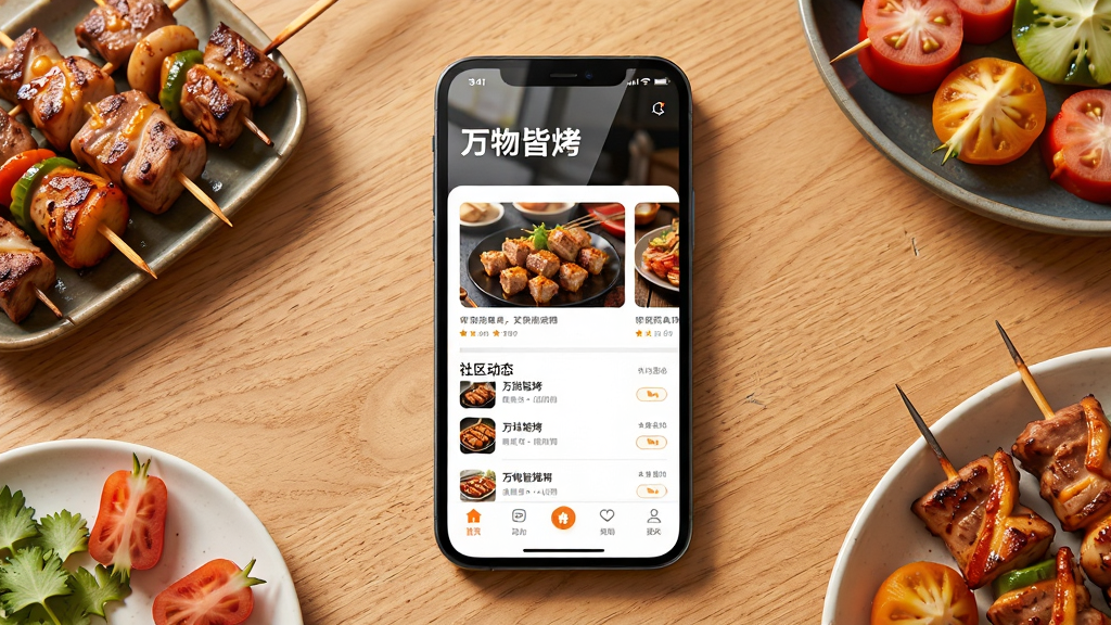 画面主体是一部智能手机,屏幕中显示“万物皆烤”软件首页界面,界面包含烧烤美食卡片、社区动态列表和底部导航栏,手机放置在木质桌面上,旁边摆放烤串和食材作为点缀;布局采用居中构图,手机占据画面视觉中心;排版简洁,背景干净;风格为现代写实产品展示风格;细节上手机屏幕有轻微反光,桌面纹理清晰,烤串色泽诱人;画质高清,干净,无多余元素