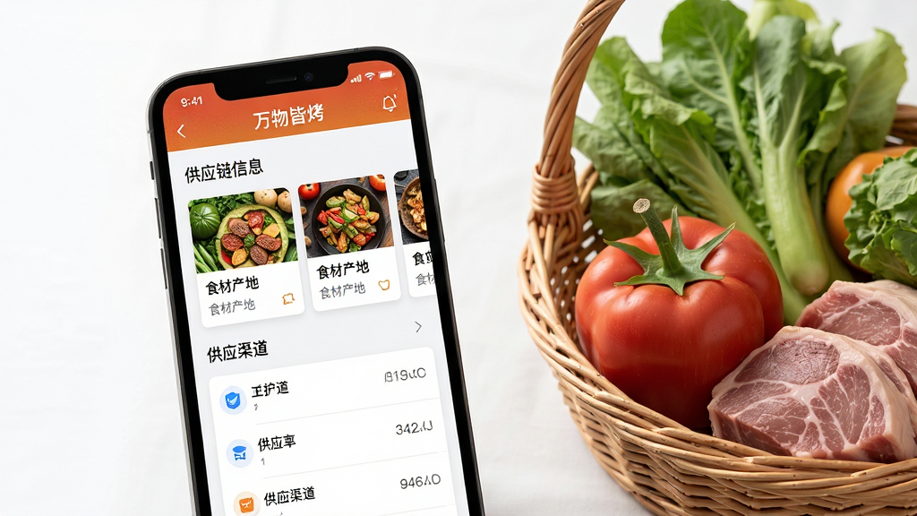 画面主体是“万物皆烤”软件中的供应链信息页面,手机屏幕展示食材产地卡片和供应渠道列表,手机旁放置一篮新鲜蔬菜和肉类食材;布局为手机居中偏左,食材自然摆放于右侧;排版疏朗,层次分明;风格为清新生活化产品摄影风格;细节上食材纹理真实,屏幕界面清晰可读;画质高清,干净,无多余元素