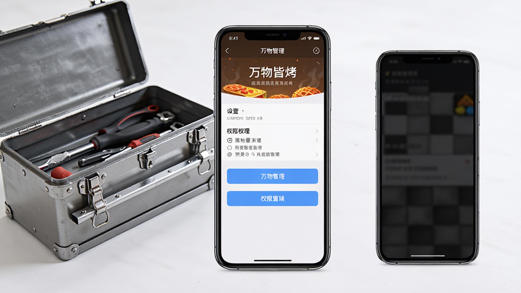 画面主体是一部手机屏幕显示“万物皆烤”应用设置页面中的权限管理界面,旁边放置一个打开的工具箱和一部备用手机;布局为左右并列展示,主手机居中;排版清晰有序;风格为实用教程类产品展示风格;细节上屏幕界面按钮明确,工具箱金属质感真实;画质高清,干净,无多余元素