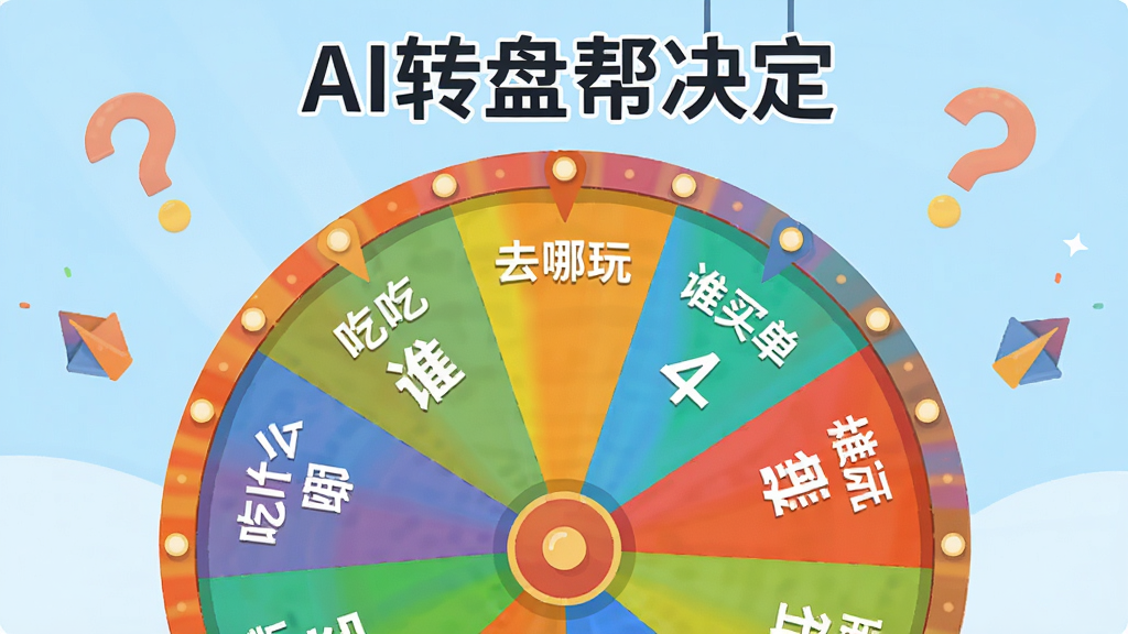 画面中央放置一个色彩鲜艳的圆形转盘,转盘被均匀分割成多个扇形区域,每个区域内写有