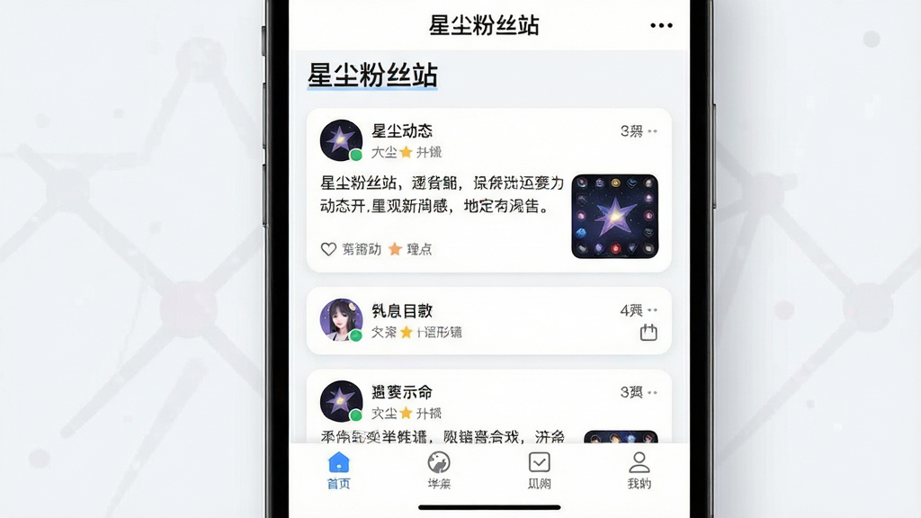 手机屏幕展示星尘粉丝站应用主界面,顶部为软件名称