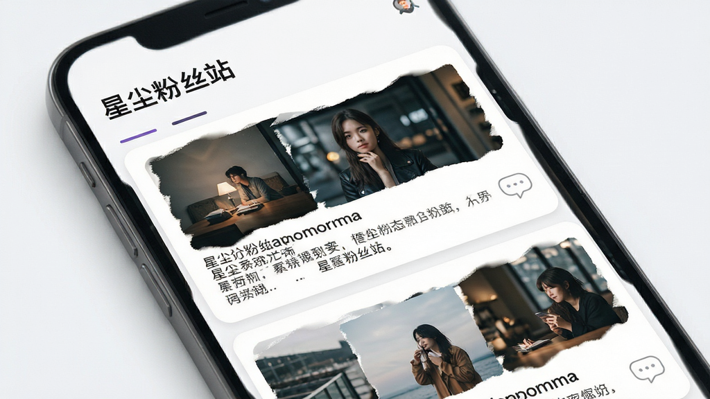 手机应用界面展示粉丝动态聚合页面,信息流卡片整齐排列,顶部标题