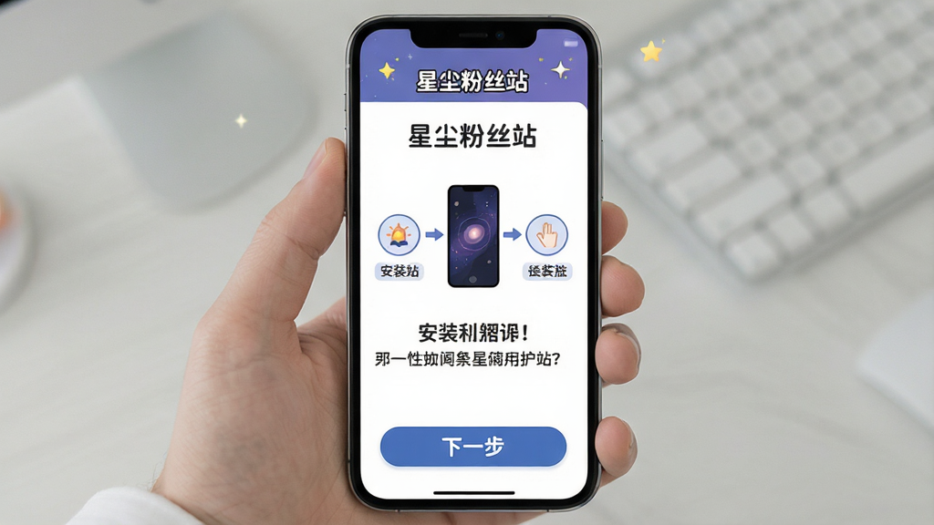 手机屏幕展示星尘粉丝站新手引导页面,界面标题