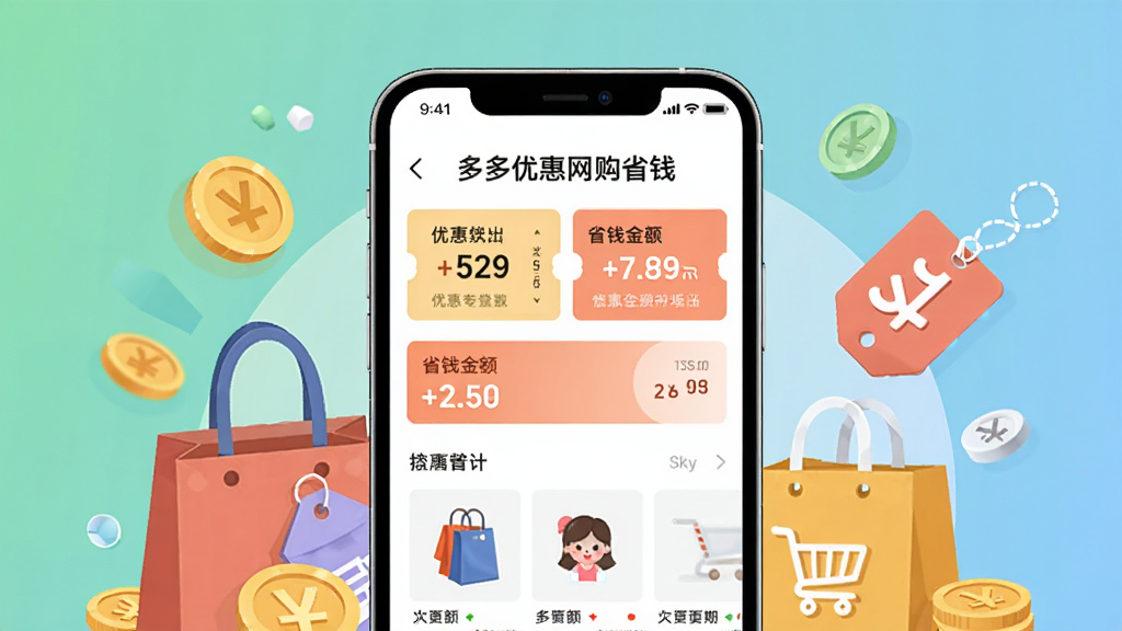 整体画面以手机屏幕为主体,屏幕中央展示“多多优惠网购省钱”软件主界面,界面包含优惠券卡片、省钱金额统计和商品列表,布局简洁清晰,手机周围环绕购物袋、金币和折扣标签等元素,风格为现代扁平化插画,细节精致,画质高清,干净无多余元素