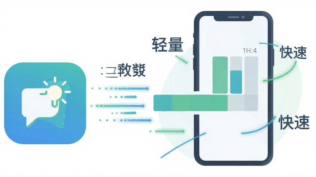 一张表现轻量应用安装的示意图,画面左侧是一个小巧的App图标,右侧是一部手机屏幕显示存储空间条形图,图标向手机移动,手机周围有表示“轻量”“快速”的抽象线条元素,整体构图简洁,风格为现代扁平化插画,配色以蓝绿为主,细节干净,画质清晰,背景为白色