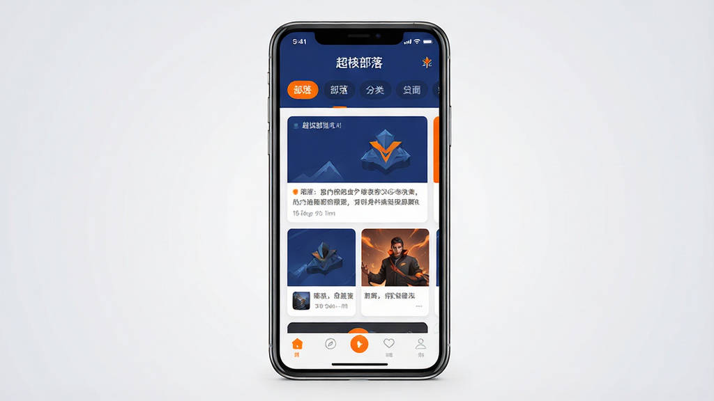 一张手机App界面展示图,画面中央是一台竖屏智能手机,手机屏幕上显示“超核部落”应用的主页界面,界面上方有部落分类标签栏,中间是卡片式内容流,下方是底部导航栏,整体配色以深蓝与亮橙为主,风格现代简洁,扁平化设计,细节清晰,画质干净,无多余元素,背景为浅灰色纯色渐变