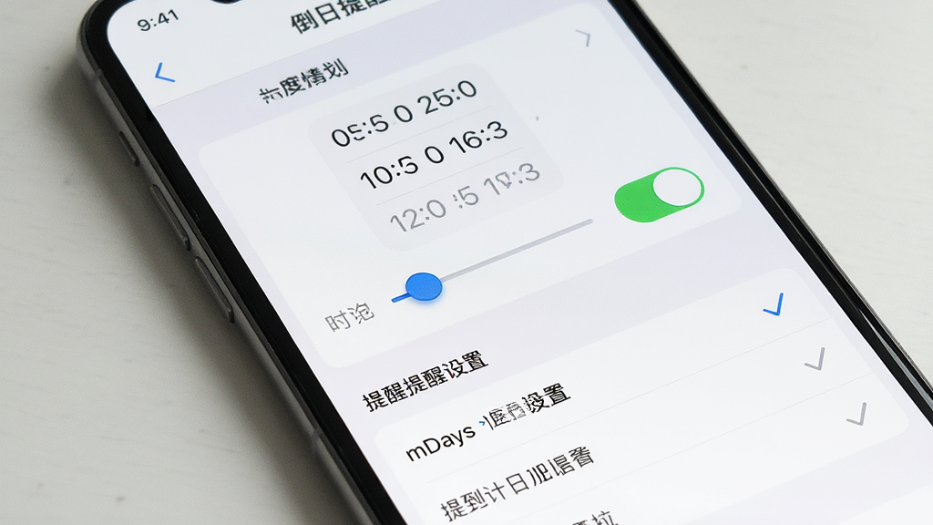 一张展示倒计日mDays提醒设置界面的图片,主体为手机屏幕上的设置面板,面板中包含时间选择器、开关按钮与提醒选项列表,布局为上下分层的表单结构,排版简洁明了,风格为素雅极简的界面设计,细节包含滑块控件、勾选图标与文字标签,画质高清,画面干净,无多余元素