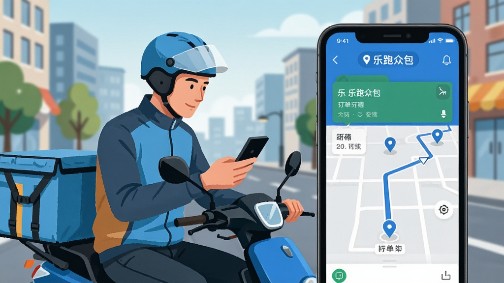 一张AI生成的手机使用场景插画,画面主体为骑手在户外查看手机上的
