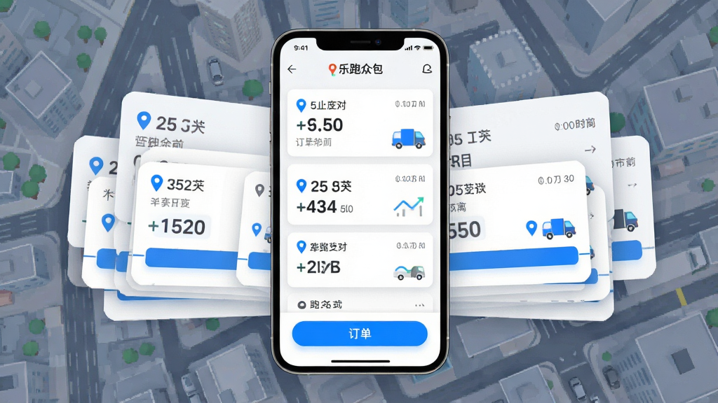一张AI生成的应用功能展示图,画面主体为手机屏幕上的订单推送列表,多张订单卡片以层叠方式展开,卡片上带有距离数值与收入数字,背景是城市街区俯视地图,布局为手机居中、卡片向两侧延展,风格为现代科技感扁平插画,细节包括蓝色高亮按钮、定位图标与时间标签,画质清晰干净,画面中带有