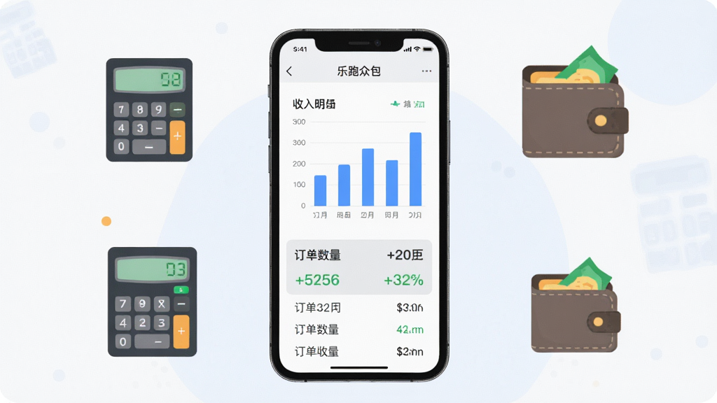 一张AI生成的数据统计界面展示图,画面主体为手机屏幕上的收入明细页面,包含柱状收入图表、订单数量数字与日期列表,手机旁边放置计算器与钱包图标,布局为手机居中、图标环绕,风格为清新商务扁平插画,细节包括绿色收入数字、灰色背景卡片与蓝色图表柱,画质清晰干净,画面中带有
