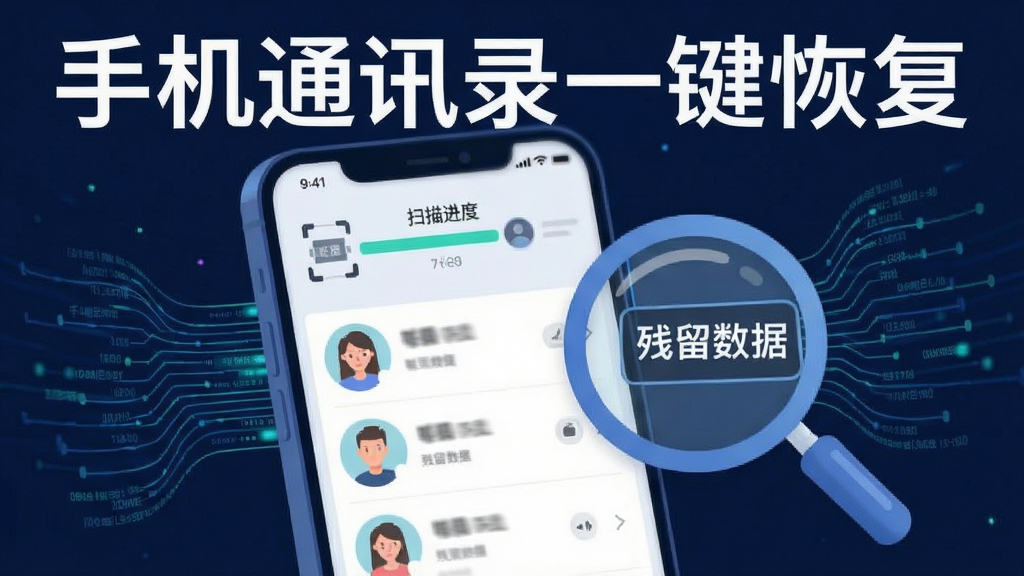 手机通讯录一键恢复软件界面截图风格插画,画面展示一部手机屏幕内呈现扫描进度条和联系人条目列表,旁边有一个放大镜图标聚焦在“残留数据”区域,背景有数据流线条装饰,风格科技感扁平化,文字标注“手机通讯录一键恢复”,画质清晰干净