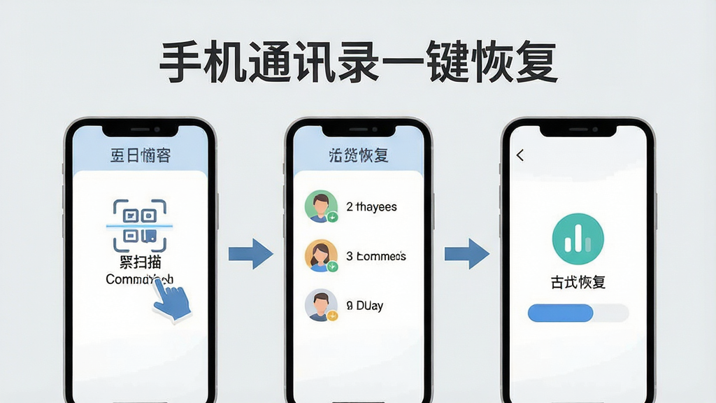 手机通讯录一键恢复使用教程示意图,画面展示一部手机屏幕中呈现分步操作界面,第一步点击扫描按钮,第二步勾选联系人,第三步点击恢复,每一步配有简洁图标和箭头指引,背景为浅灰色,风格清新扁平,文字标注“手机通讯录一键恢复”,画质干净清晰