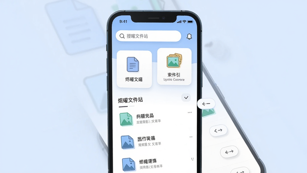 烬曜文件站文件索引功能界面,主体为手机屏幕中的分类卡片与文件列表,布局为上下结构顶部搜索底部列表,排版整齐清晰,风格为清新浅色扁平插画,细节包含文档图标、图片缩略图与排序按钮,画质干净细腻,无多余元素