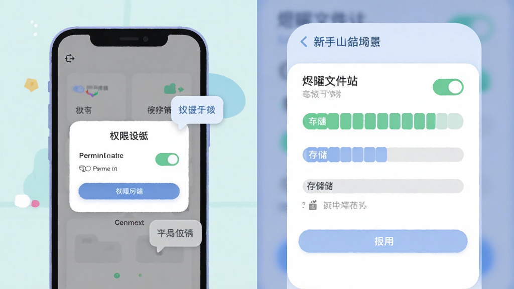 烬曜文件站新手使用场景插画,主体为手机屏幕与权限设置弹窗,布局为左右分栏左侧手机右侧设置面板,排版清晰有序,风格为柔和圆角扁平插画,细节包含权限开关、存储条与提示气泡,画质干净明亮,无多余元素