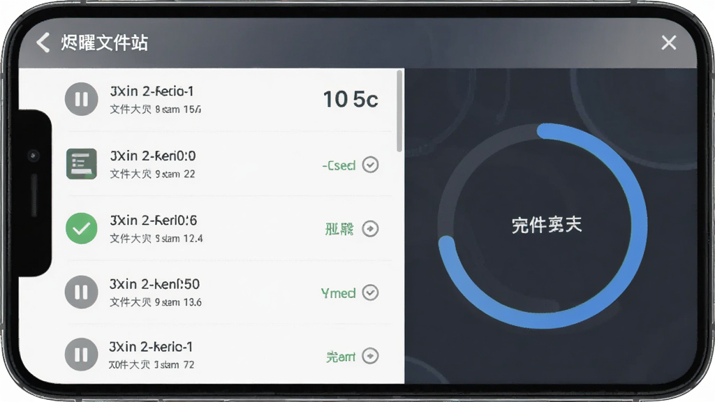 烬曜文件站下载任务管理面板,主体为手机界面中的任务列表与环形进度条,布局为分栏式上下排列,排版规整有层次,风格为简约商务扁平风,细节包含暂停按钮、完成标记与文件大小标注,画质清晰干净,无多余元素