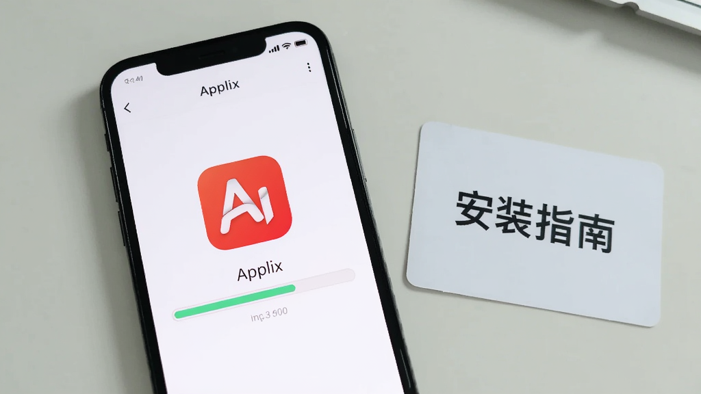 画面主体为一部手机屏幕显示Applix安装界面,屏幕中央为安装进度条与Applix图标,手机旁放置一张写有“安装指南”字样的卡片;背景为浅色桌面,光线明亮;风格为数码教程配图风,构图简洁,细节清晰,画质干净,无多余元素