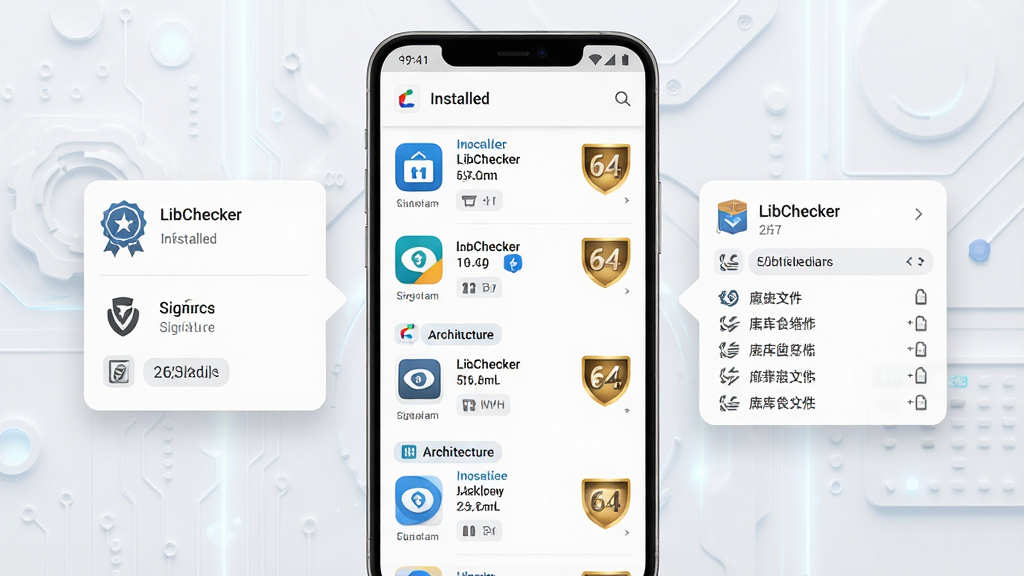 LibChecker应用信息检测工具主界面展示,画面中央是一部安卓手机屏幕,屏幕上清晰排列着已安装应用列表与架构标签,背景为浅色简约科技风格,主体突出应用图标与64位标识,布局为手机居中加左右悬浮的信息卡片,排版整洁,风格清爽现代,细节包含架构徽章、签名图标、库文件列表,画质高清干净无多余元素