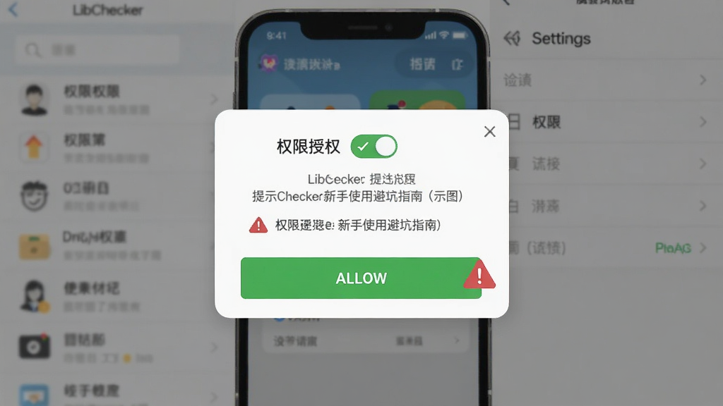 LibChecker新手使用避坑指南示意图,画面为手机屏幕显示权限授权弹窗与设置菜单,主体为权限开关与提示文字,布局为居中弹窗加背景虚化列表,风格为扁平化说明图解,细节包含绿色允许按钮与红色警示图标,画质清晰干净无多余元素