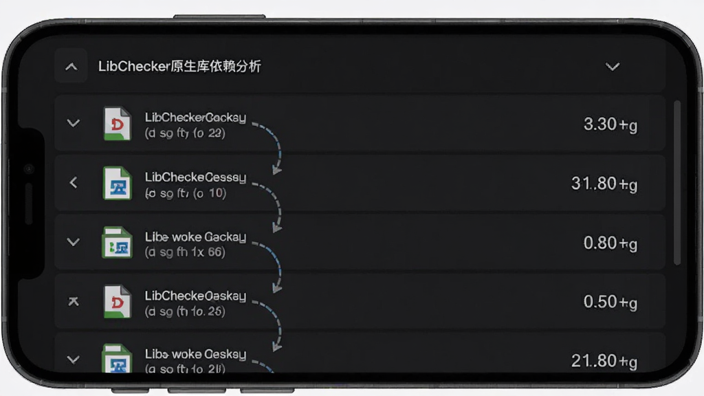 LibChecker原生库依赖分析界面,画面为手机屏幕显示so库文件列表,主体为文件名称与大小信息,布局为分组折叠式列表,风格为深色护眼主题,细节包含库文件图标与依赖箭头连线,画质高清干净无多余元素