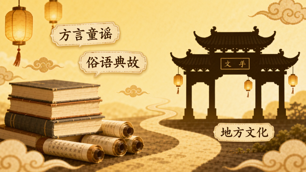 画面左侧为一摞书籍与卷轴,右侧为一座传统中式牌楼剪影,中间由一条弯曲的小路连接;书籍上方漂浮写有“方言童谣”“俗语典故”字样的标签,牌楼下方写有“地方文化”字样;整体采用暖黄色调,风格复古温馨,细节上加入灯笼与云纹装饰,画质柔和干净,无多余元素
