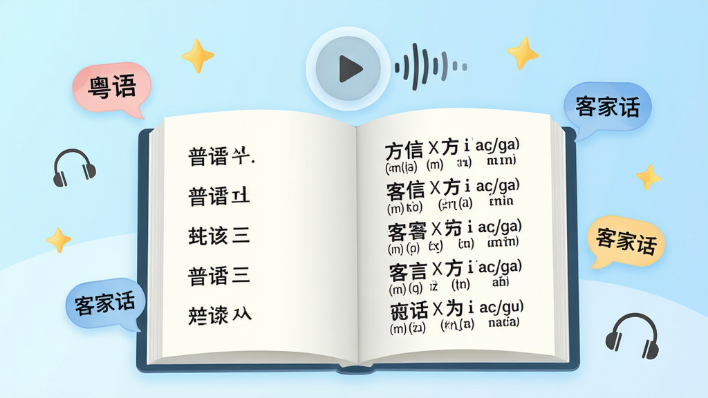 画面主体为一本打开的电子书,书页左侧列有普通话词汇,右侧对应显示方言词汇与音标标注,书页上方悬浮一个播放按钮与声波图形;电子书周围散落几个小型对话气泡,气泡内写有“粤语”“客家话”等字样;背景为浅蓝色渐变,风格清新简洁,细节上加入耳机图标与星星点缀,画质干净明亮,无杂乱元素