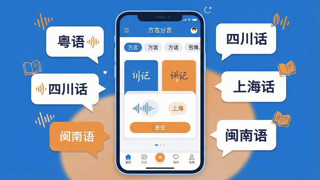 画面中央放置一部智能手机,手机屏幕上显示方言通软件的主界面,界面上方为方言分类选项卡,中部为方言词汇卡片与发音按钮,底部为导航栏;手机周围环绕多个对话气泡,气泡内分别写有“粤语”“四川话”“上海话”“闽南语”等字样;整体采用扁平化插画风格,色调以蓝白为主搭配暖橙色点缀,细节上加入声波图标与书本元素,画质清晰干净,无多余装饰元素