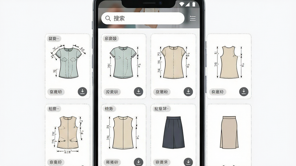 手机屏幕展示服装纸样库应用界面,主体为一部竖屏安卓手机,屏幕内呈现多张女装上衣和裙装的纸样缩略图卡片,卡片带有裁剪线条和尺寸标注,布局为顶部搜索栏加下方网格排列的纸样列表,排版清晰有序,风格为清新简约的扁平化UI设计,细节包括纸样卡片的虚线边框、分类标签和下载按钮图标,画质高清,画面干净,无多余元素
