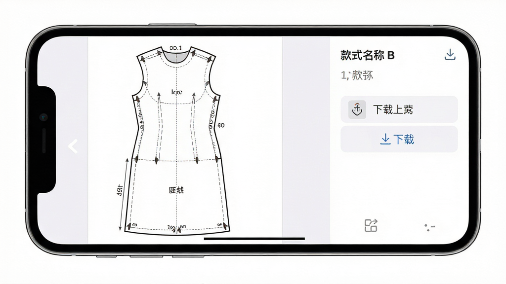 手机应用内的纸样预览界面,主体为一部横屏手机展示一张连衣裙纸样的完整裁剪图,图上有清晰的裁片轮廓、对位剪口和缝份标注,布局为左侧纸样预览区加右侧信息栏,信息栏包含款式名称和下载按钮,排版规整,风格为简洁的工具类应用界面,细节包括纸样线条的粗细区分和标注文字的清晰呈现,画质高清,画面干净,无多余元素