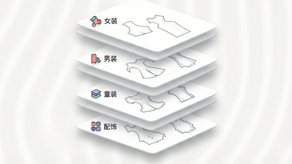 一个虚拟的服装纸样资源库界面,主体为悬浮在浅色背景上的多层卡片式分类面板,分别标注女装、男装、童装、配饰等分类标签,每层卡片展示不同款式的纸样轮廓线条图,布局为纵向堆叠的立体卡片结构,排版层次分明,风格为现代简约的矢量插画风格,细节包括卡片边缘的柔和阴影和分类图标,画质高清,画面干净,无多余元素