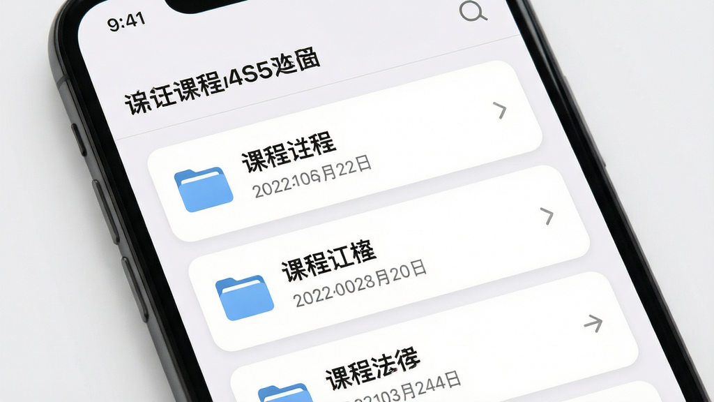 主体为手机屏幕展示文件管理列表界面,列表项带有课程名称与日期,布局为上下分层结构,排版上方为标题栏下方为文件卡片列表,风格为柔和圆角卡片式设计,细节包含文件夹图标与存储容量提示,画质干净整洁无多余元素