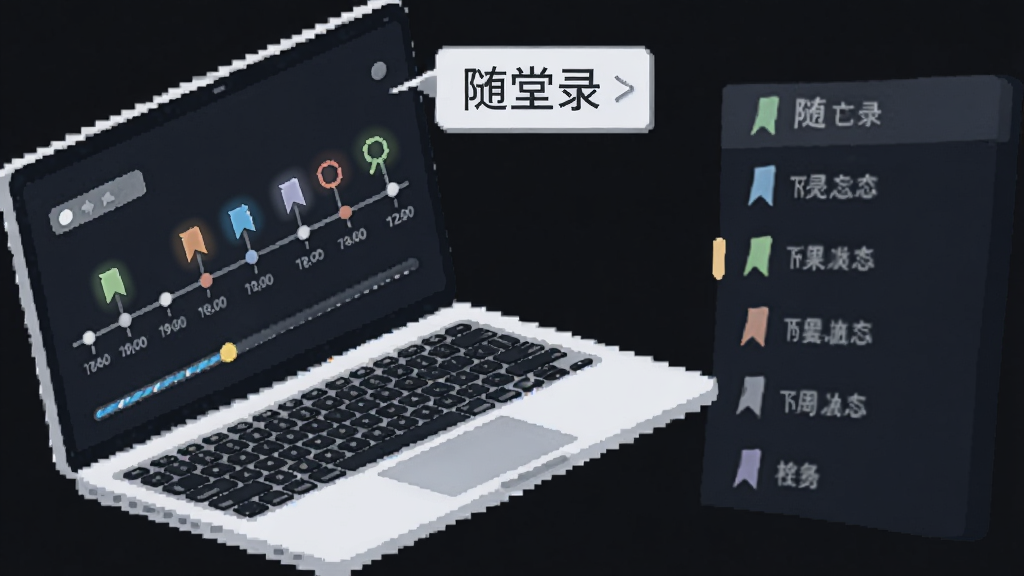 主体为一台打开的笔记本电脑,屏幕上呈现时间轴与多个彩色标记点,旁边显示