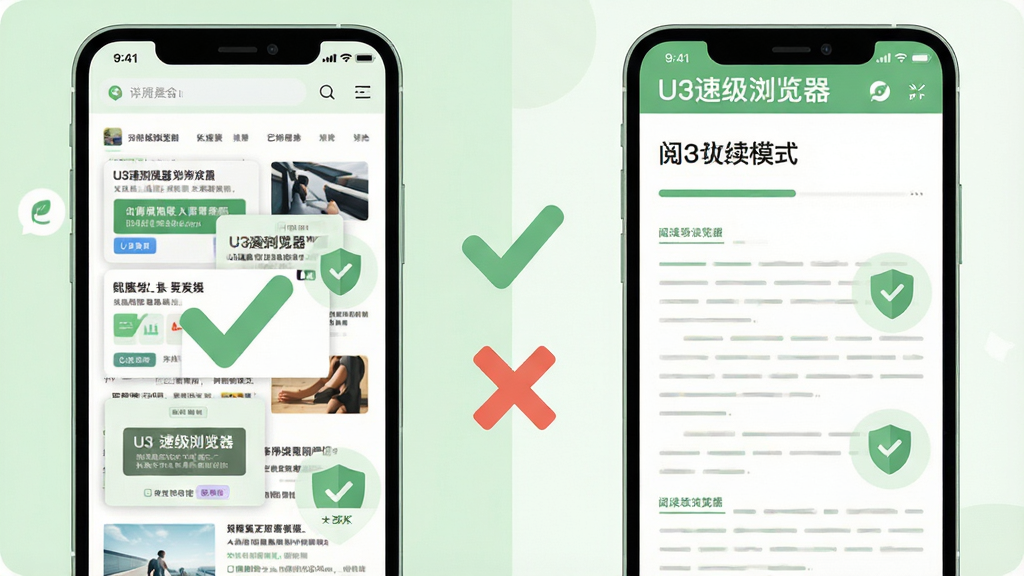 画面主体为手机屏幕左右分屏对比,左侧网页布满广告浮层,右侧“U3速级浏览器”阅读模式干净整洁;布局为左右对照排版,中间以对勾与叉号区分;风格为清新扁平插画,浅绿与白色搭配;细节包含文章排版线条、屏蔽广告的盾牌标识;画质清晰,画面干净,无多余元素。