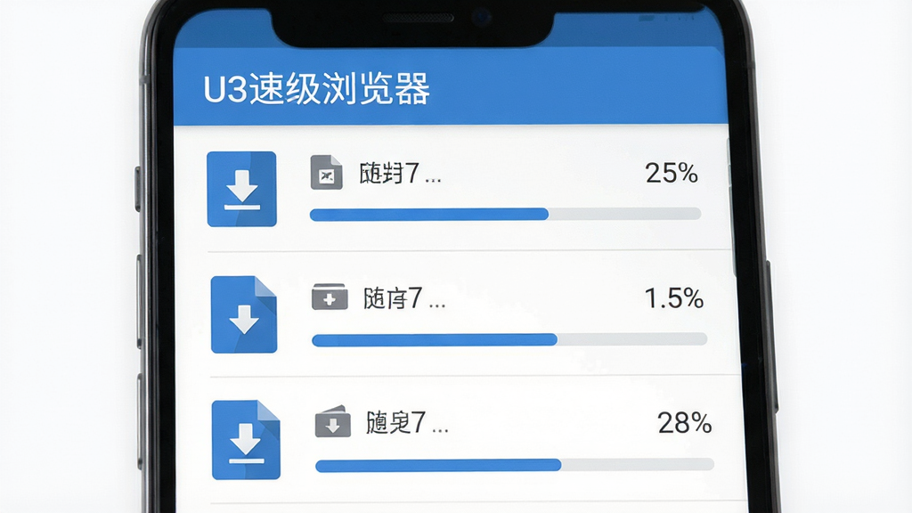 画面主体为手机界面中的下载管理列表,显示多个文件条目与进度条,顶部有“U3速级浏览器”标题栏;布局为纵向列表式排版;风格为简洁商务风扁平插画,蓝灰配色;细节包含下载箭头、文件类型图标、进度百分比;画质高清,画面干净,无多余元素。